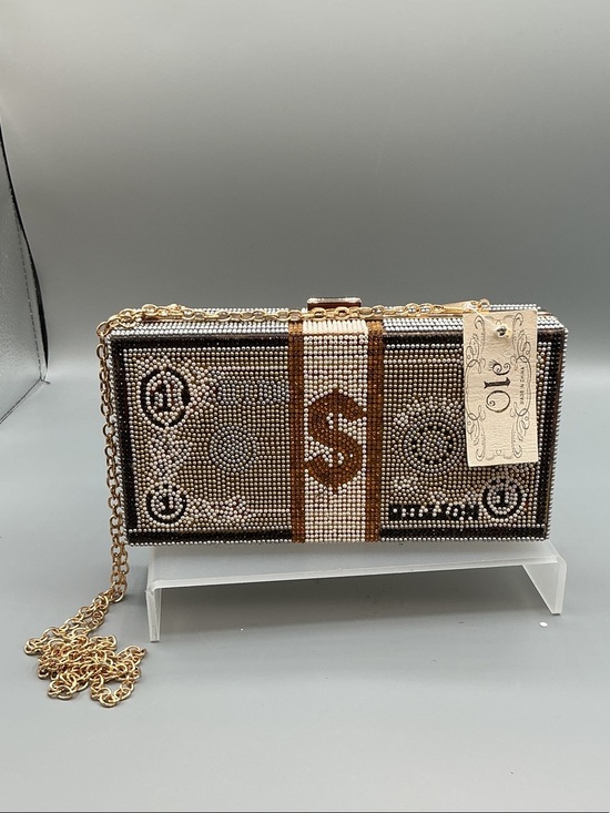 Ole Handbags - Rhinestone Dollar Bill Clutch Evening Bag Gold Chain Crossbody Bling Purse NWT